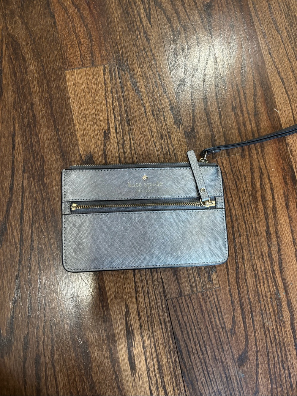 kate spade metallic silver wristlet clutch with gold hardware